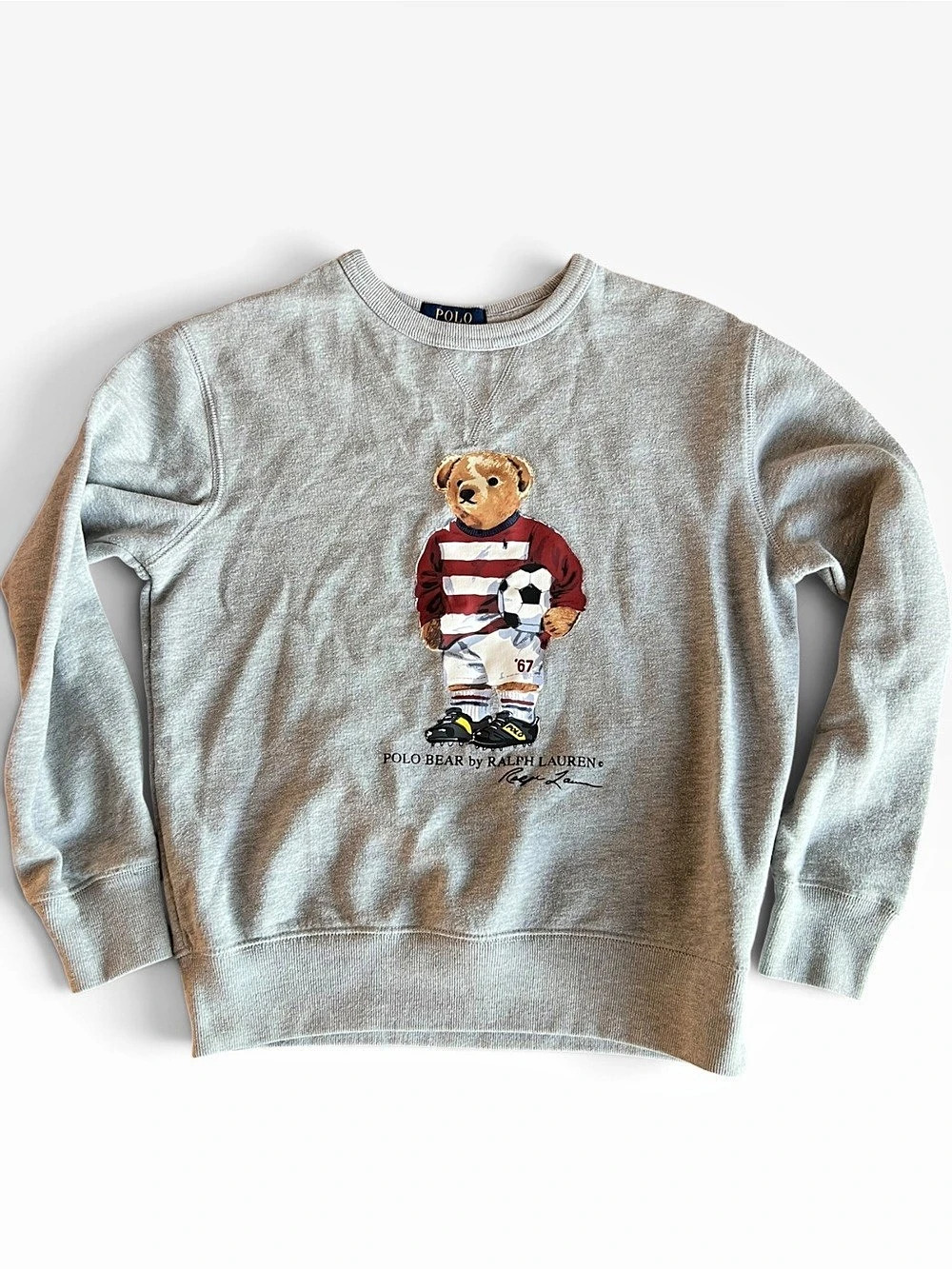 Polo Ralph Lauren Boys Sweatshirt Gray M 10-12 Polo Bear Soccer Crewneck